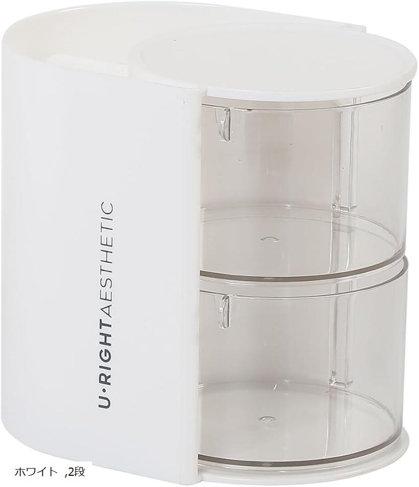 パフ メイクブラシ 収納 ケース 卓上 パウダーパフ コスメ 化粧品 ボックス おしゃれ 回転 仕切り ホルダー 透明 コットン 綿棒 スポンジ 小物入れ 多機能(ホワイト, 2段)