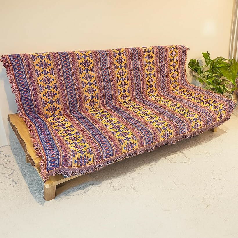 モデルノ ラ テール コットン 素材 130cmx180cm ベッド ソファー マルチ カバー テーブル クロス フリンジ 付き ラグ カーペット マット インテリア ML-CMC (インディー, 大)