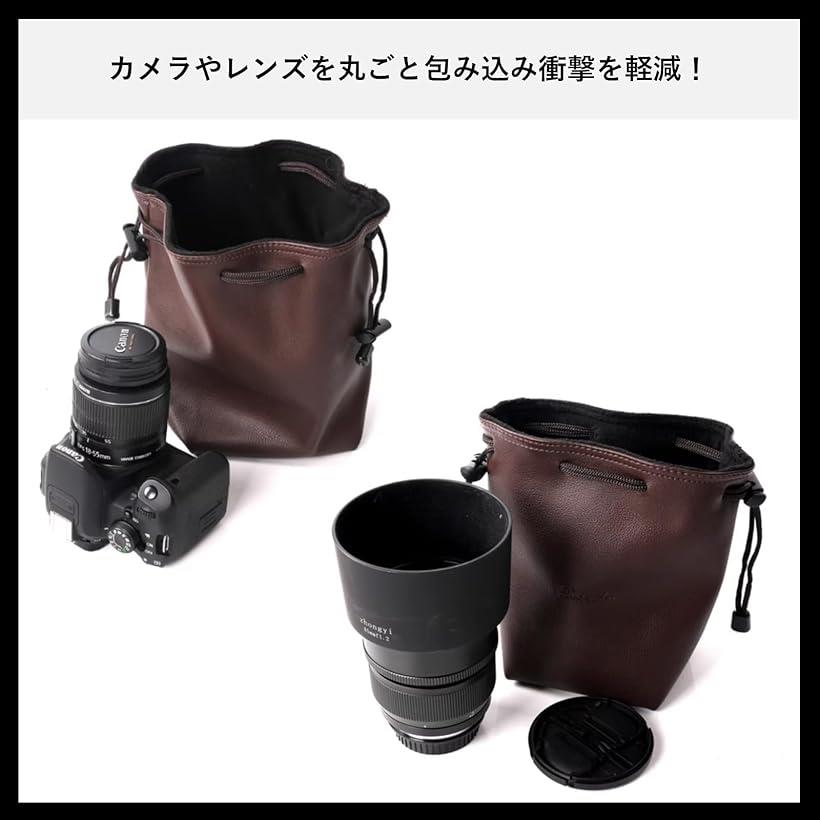 ホリックのカメラバッグ レンズケース 巾着 カメラポーチ レンズポーチ 一眼レフ ミラーレス (ブラウン, M)｜アングル3