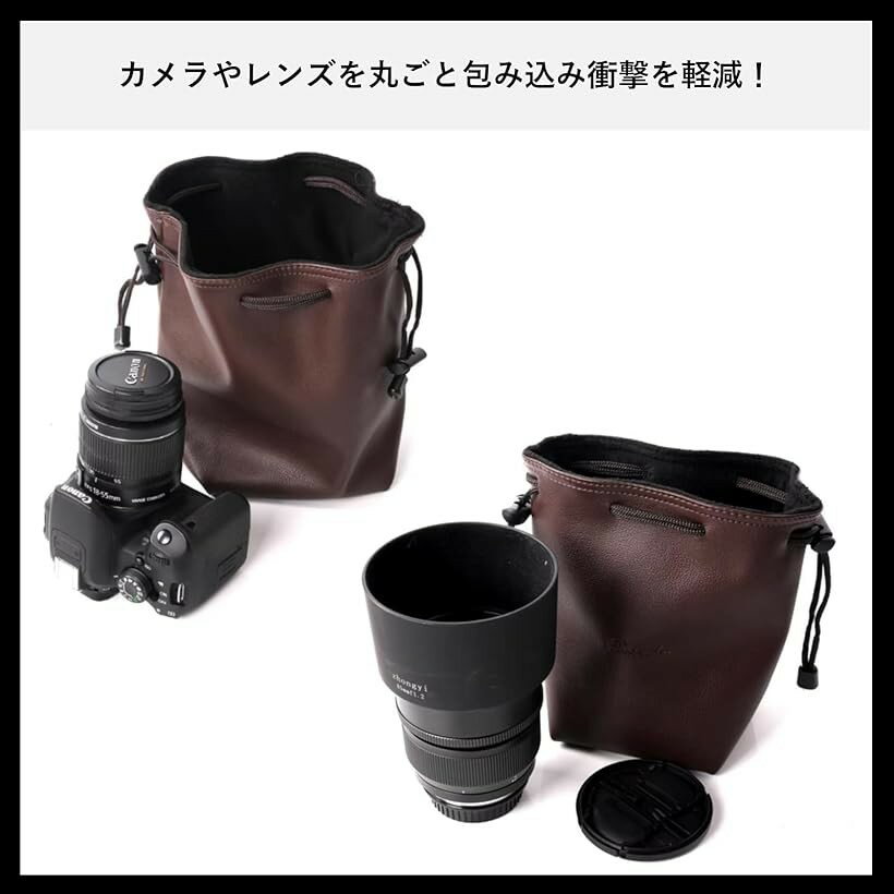 【楽天ランキング1位入賞】カメラバッグ レンズケース 巾着 カメラポーチ レンズポーチ 一眼レフ ミラーレス (ブラック, M)
