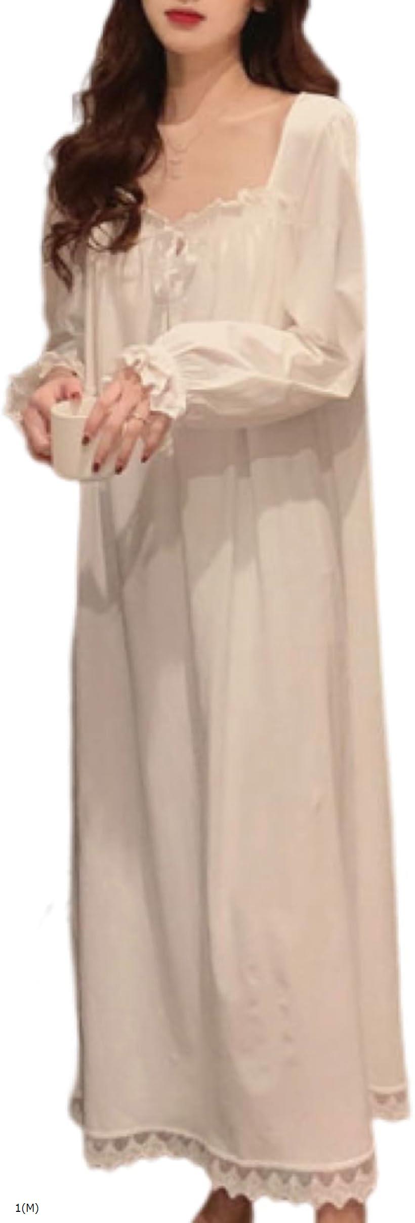 ネグリジェ ワンピース パジャマ レディース ルームワンピース 長袖 ルームウェア シンプル レース リボン(ホワイト, 1(M))