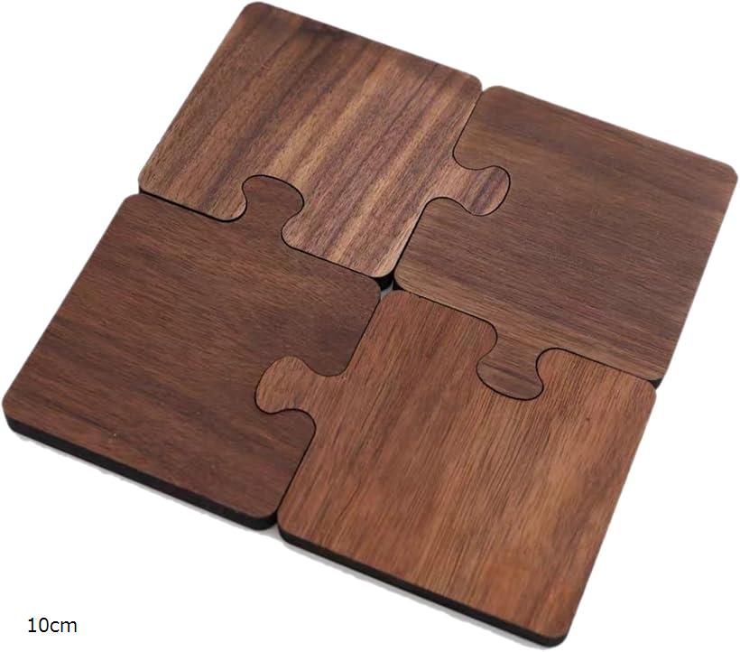 パズル コースター 木製 4枚セット 天然木 コースターセット パズル型 コップ敷き 鍋敷き 北欧風 インテリア雑貨 来客用 プレゼント ギフト ナチュラル カフェ風 キッチン雑貨(ナチュラル, 10cm)
