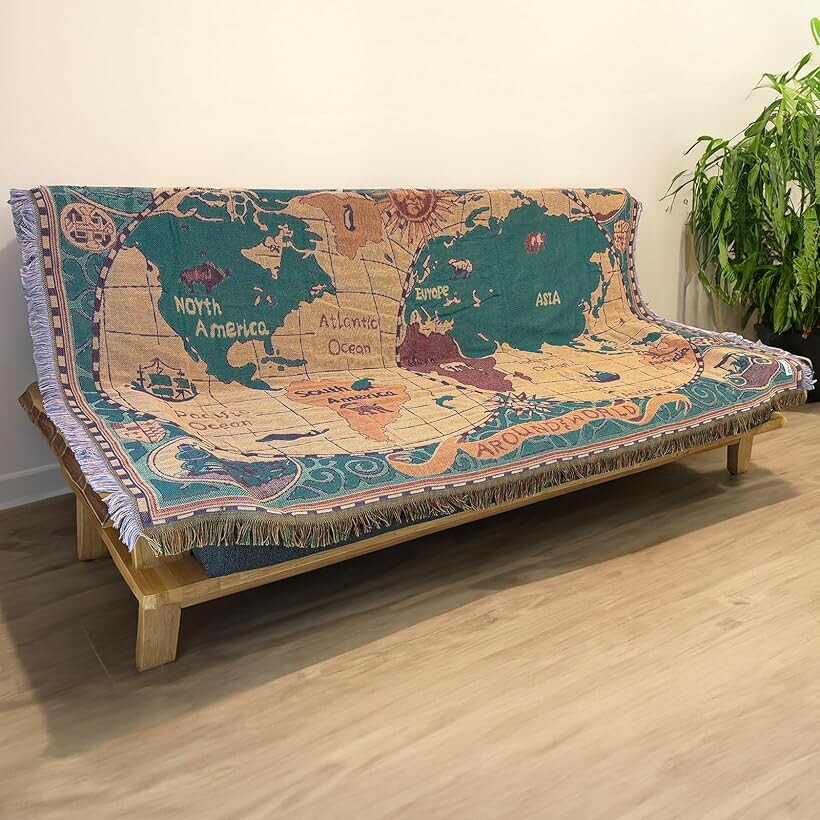モデルノ ラ テール コットン 素材 130cmx180cm ベッド ソファー マルチ カバー テーブル クロス フリンジ 付き ラグ カーペット マット インテリア ML-CMC (世界地図, 大) [2]