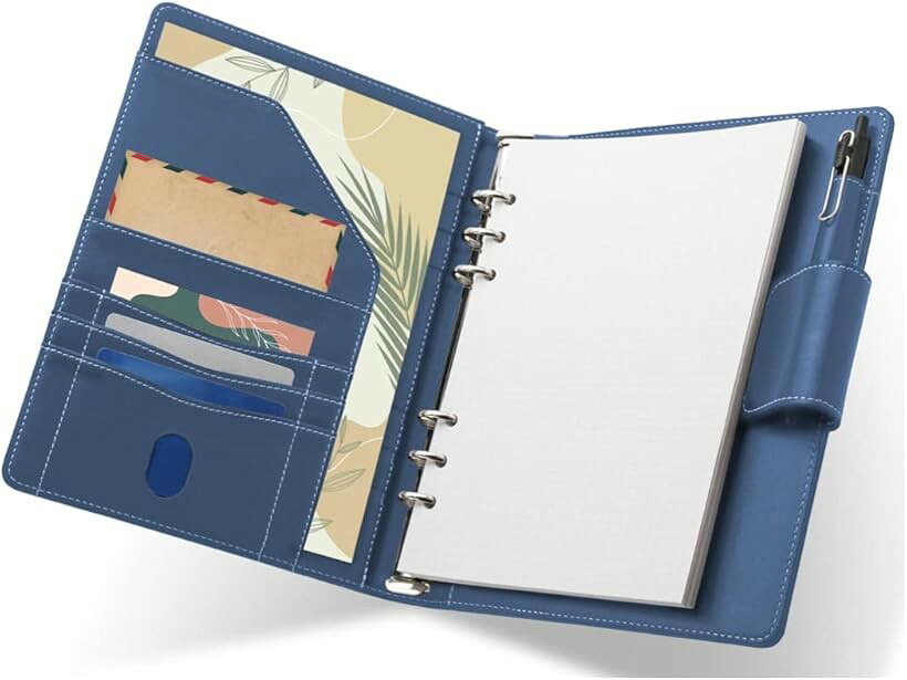 システム手帳 高級PVCレザー カバー A5 6穴 リング バインダー リングノート ルーズリーフ式 メモ帳 収納ポケット搭載 ビジネスオフィス用品 (ネイビー)