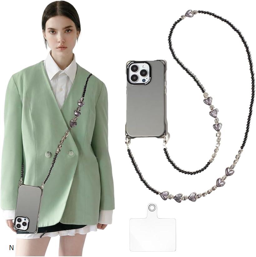 スマホストラップ パールチェーン ショルダーストラップ 斜め掛け 肩掛けストラップ パールストラップ 金属製D字 タグパッチ 丈夫 耐久性強化版 携帯ストラップ 着脱簡単 紛失・忘れ物防止 全機種対応 スマホ/バッグ/お財布用 (N)