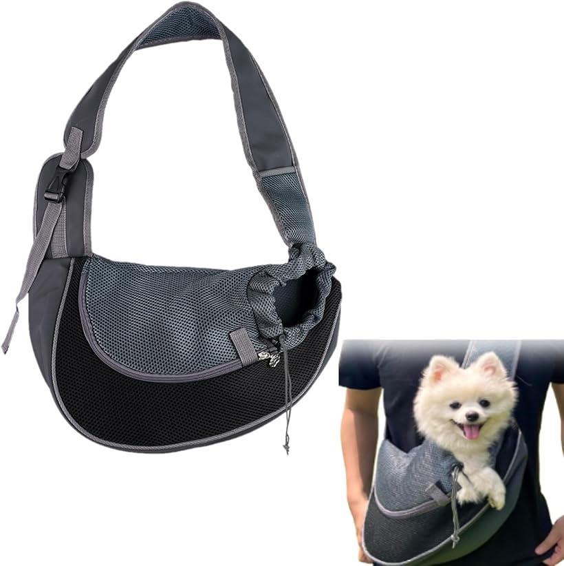 犬 抱っこ紐 ペットスリング 猫 肩掛け お散歩 メッシュ 収納ポケット付き (ブラック)