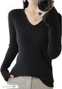 セーター レディース リブニット トップス vネックセーター 長袖 カットソー オフィスカジュアル プルオーバー ファッション 服 レディースカットソー(ブラック, M)