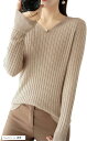 セーター レディース リブニット トップス vネックセーター 長袖 カットソー オフィスカジュアル プルオーバー ファッション 服 レディースカットソー(ベージュ, L)