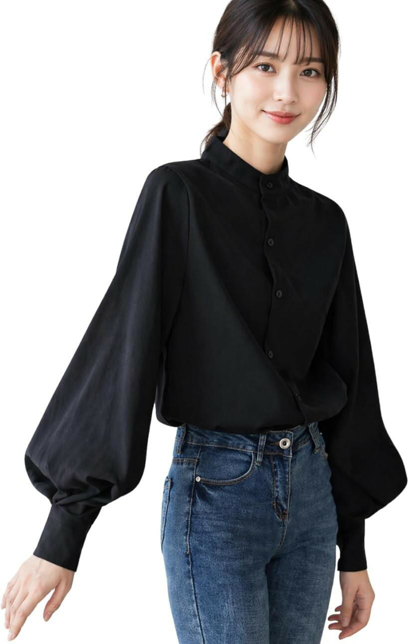 Long-Sleeved - レディース ブラウス 長袖 トップス パフスリーブ シャツ 秋 冬 春 オフィスカジュアル スタンドカラーシャツ 大きいサイズ 丸首 襟付き シンプル 無地 前開き 女性 (ブラック, L)