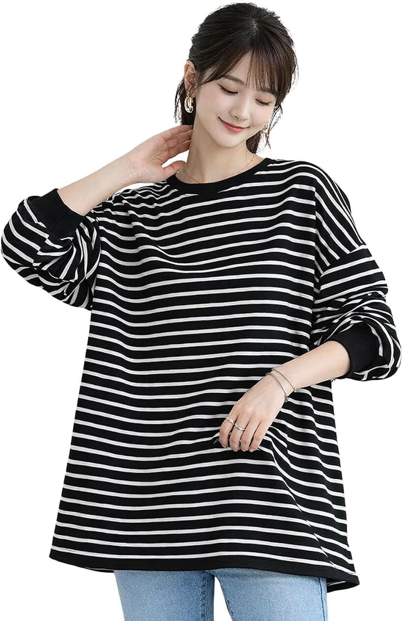 ボーダー 長袖tシャツ レディース ゆったり 体型カバー トップス ロングtシャツ カットソー ドロップショルダー クルーネック 大きめ 春 秋 着痩せ ボーダートップス (ブラック, M)