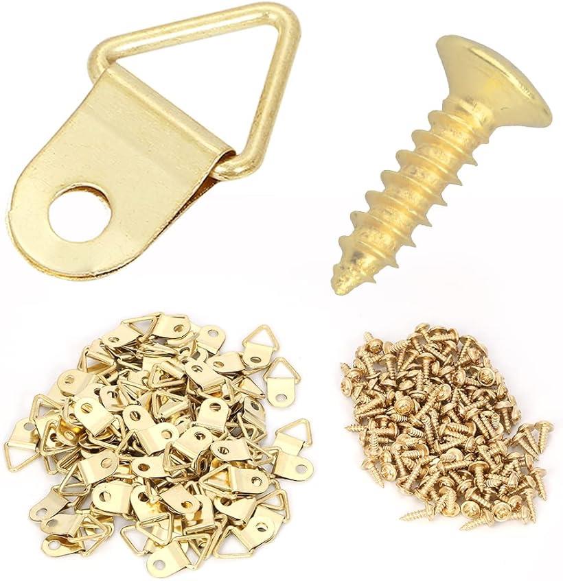 ビラカン 三角吊金具 豆カン 吊カン フック 吊り下げ金具 ネジ付き 100個セット ゴールド パネル 写真額 (ゴールド)
