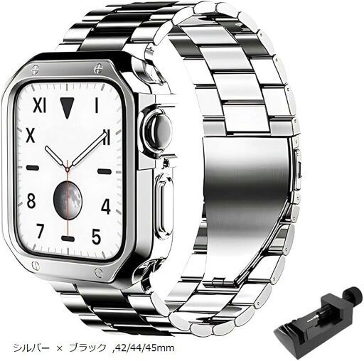 互換品Apple Watch互換品 ステンレス バンド 保護ケース付き アップルウォッチ用 メタル 腕時計 ベルト SE2 Ultra(シルバー x ブラック, 42/44/45mm) 互換品Apple Watch互換品 ステンレス バンド 保護ケース付き アップルウォッチ用 メタル 腕時計 ベルト SE2 Ultra(シルバー x ブラック, 42/44/45mm)