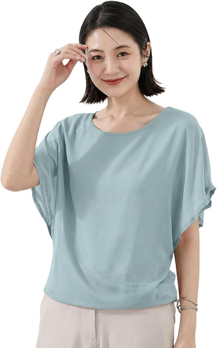 Short Sleeves - きれいめ シフォン ブラウス 半袖 レディース 可愛い シンプル トップス インナー おしゃれ カットソー 裏地付き Uネック シャツ (ブルーヘイズ, M)
