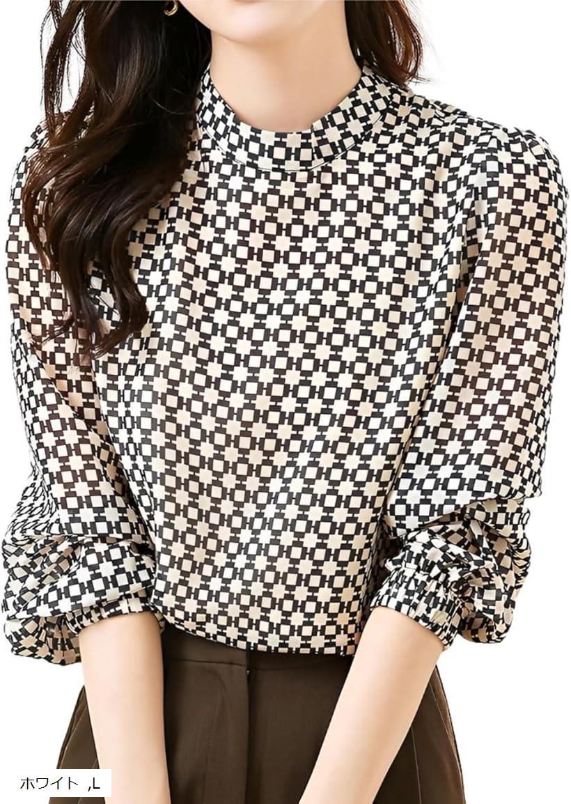 Long-Sleeved - エリクシオ ブラウス レディース 長袖 秋 大きいサイズ 柄 スタンドカラー オフィス きれいめ おしゃれ 上品 着やせトップス シャツ シフォン デート 女子力 フェミニン (ホワイト, L)