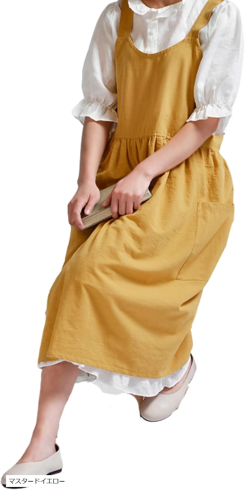 エプロン ワンピース型 レディース ロング丈 リネン 肩掛け カフェ屋 料理教室 花屋 おしゃれ 大きいサイズ ナチュラル (マスタードイエロー)