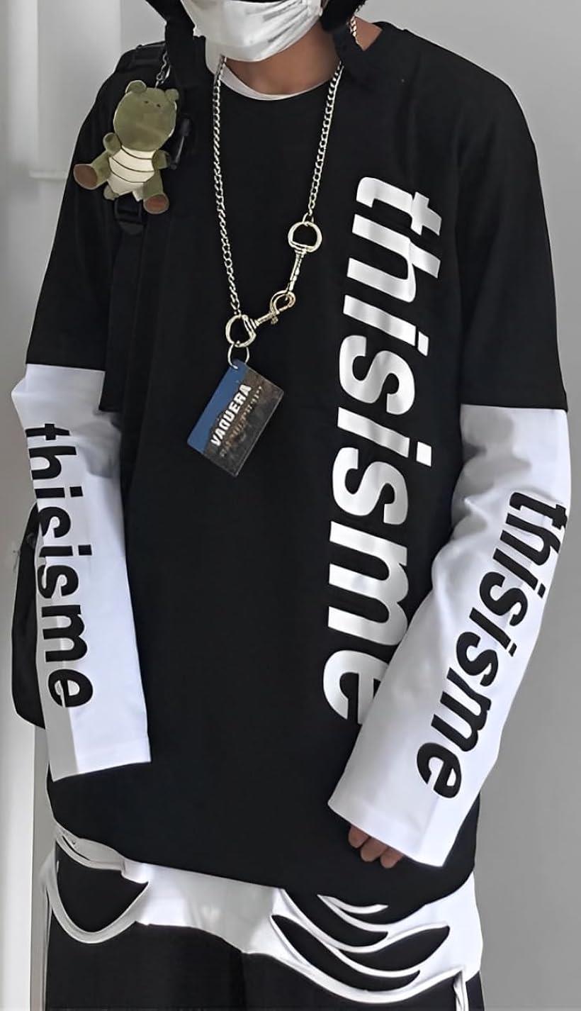 アスペルシオ 重ね着風 ロングスリーブ 袖ロゴ 英文字 プリント オシャレ カッコイイ トップス メンズ 長袖 tシャツ プルオーバー クルーネック 切り替え ベーシック カットソー アメカジ モード系(ソプラノブラック, M)