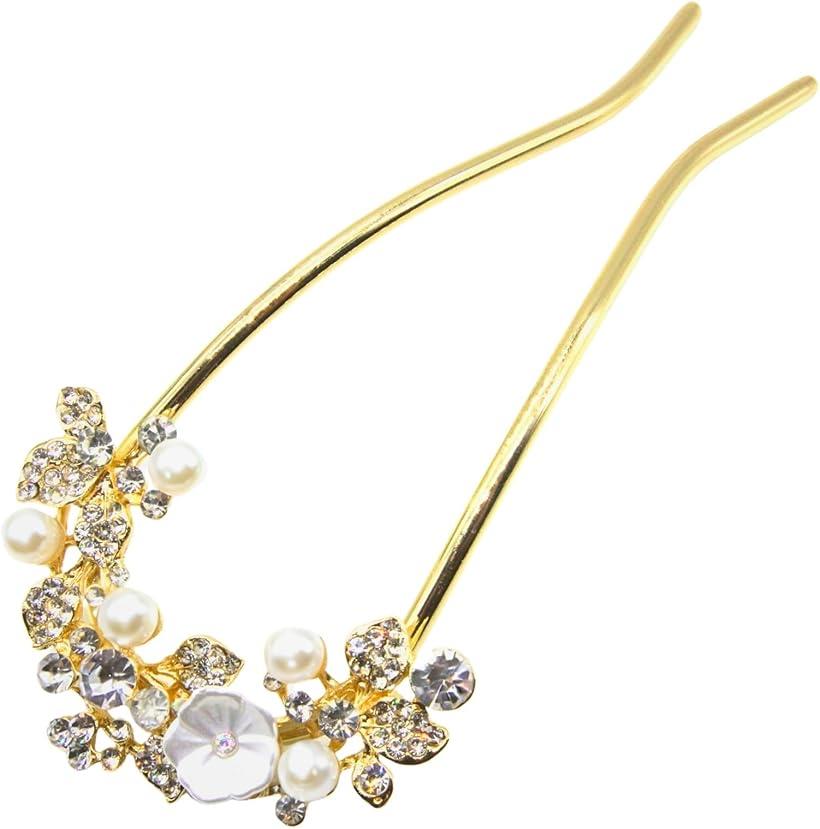 ミャオミャオ 簪 かんざし バチ型 髪飾り 和装 留袖 着物 浴衣 金属 アンティーク フラワー 一輪花 パール ジルコニア U字 コーム ヘアアクセサリー ゴ...