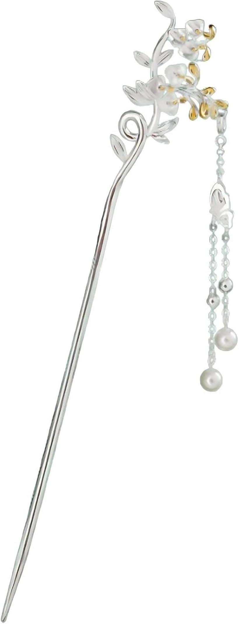 ミャオミャオ 簪 かんざし 一本 和装 留袖 着物 髪飾り 金属 アンティーク フラワー 藤の花 パール シルバー ヘアアクセサリー (シルバー, ワンサイズ)