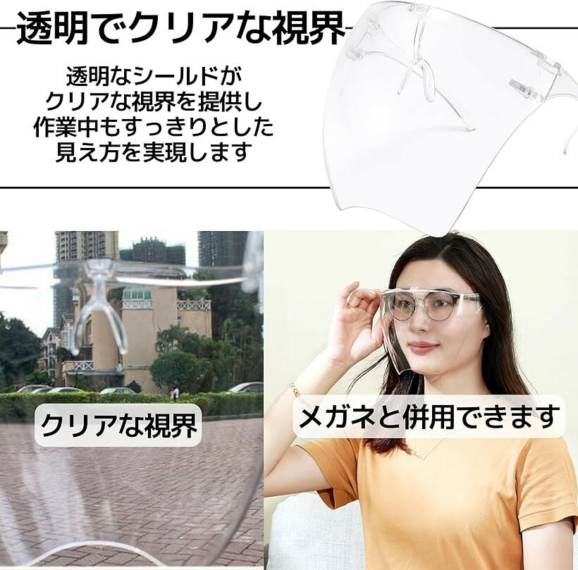 【楽天ランキング1位入賞】フェイスシールド フェイスガード フェイスカバー 透明 曇り止め 防塵 花粉 作業用 メガネ型 3個セット (クリア)