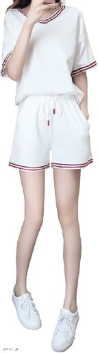 セットアップ ルームウェア ショートパンツ 半袖 Vネック パジャマ レディース(ホワイト, M) セットアップ ルームウェア ショートパンツ 半袖 Vネック パジャマ レディース(ホワイト, M)