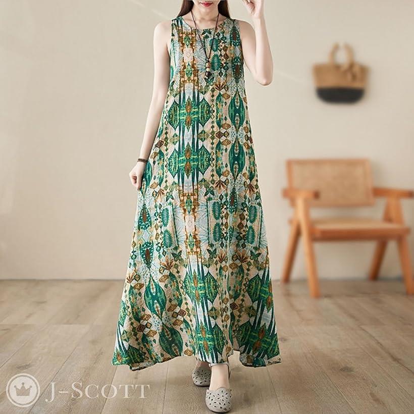 ワンピース レディース ロング ノースリーブ Aライン 丸首 プリント柄 サマードレス JS146(グリーン, M)