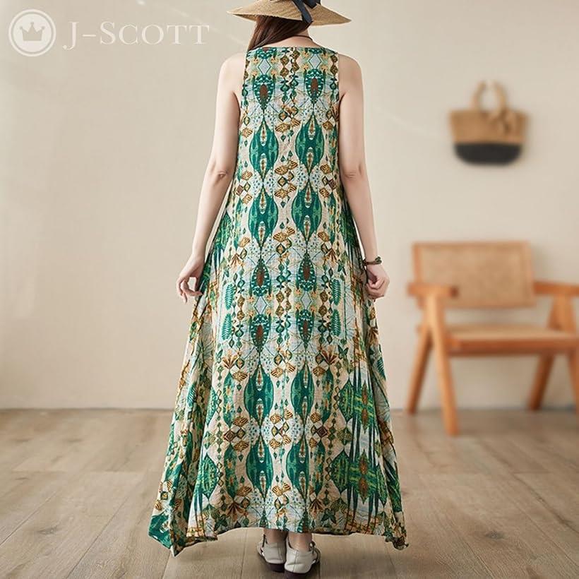 ワンピース レディース ロング ノースリーブ Aライン 丸首 プリント柄 サマードレス JS146(グリーン, M)