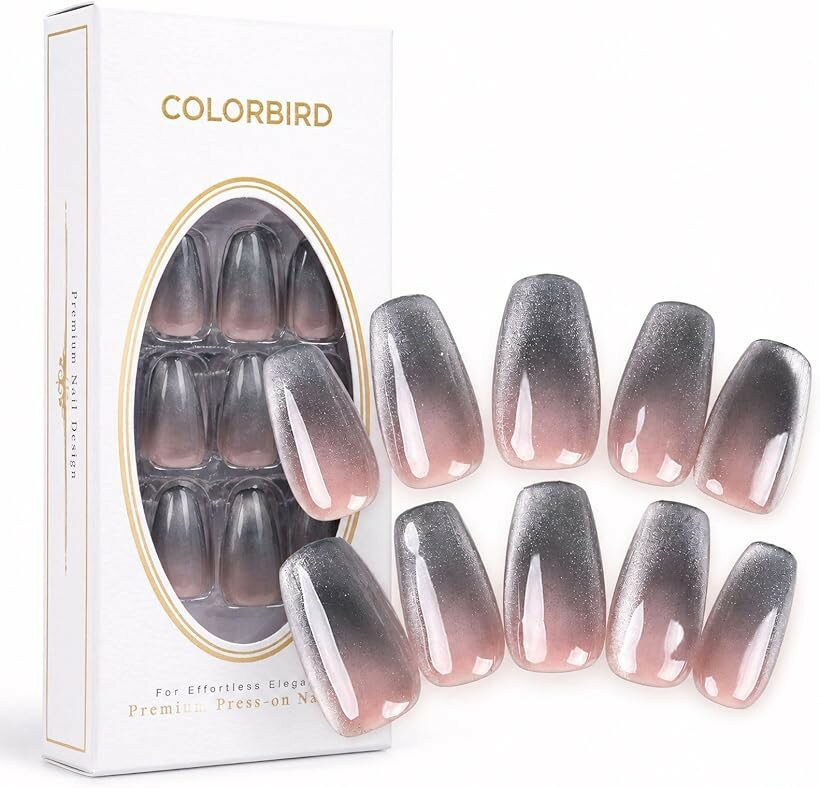 Artificial Nails - ネイルチップ 艶ピタ ショート シルバー フレンチ マグネットネイル バレリーナ 上品 キラキラ 付け爪 (シルバーナイト, シルバーナイトXS)