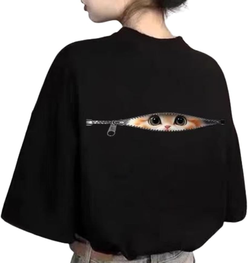Tシャツ ゆったり 大きめ ネコ デザイン プリント カジュアル レディース 半袖 ティーシャツ トップス 体型カバー オーバー サイズ ビッグ シルエット ドロップ ショルダー (ブラック, M)