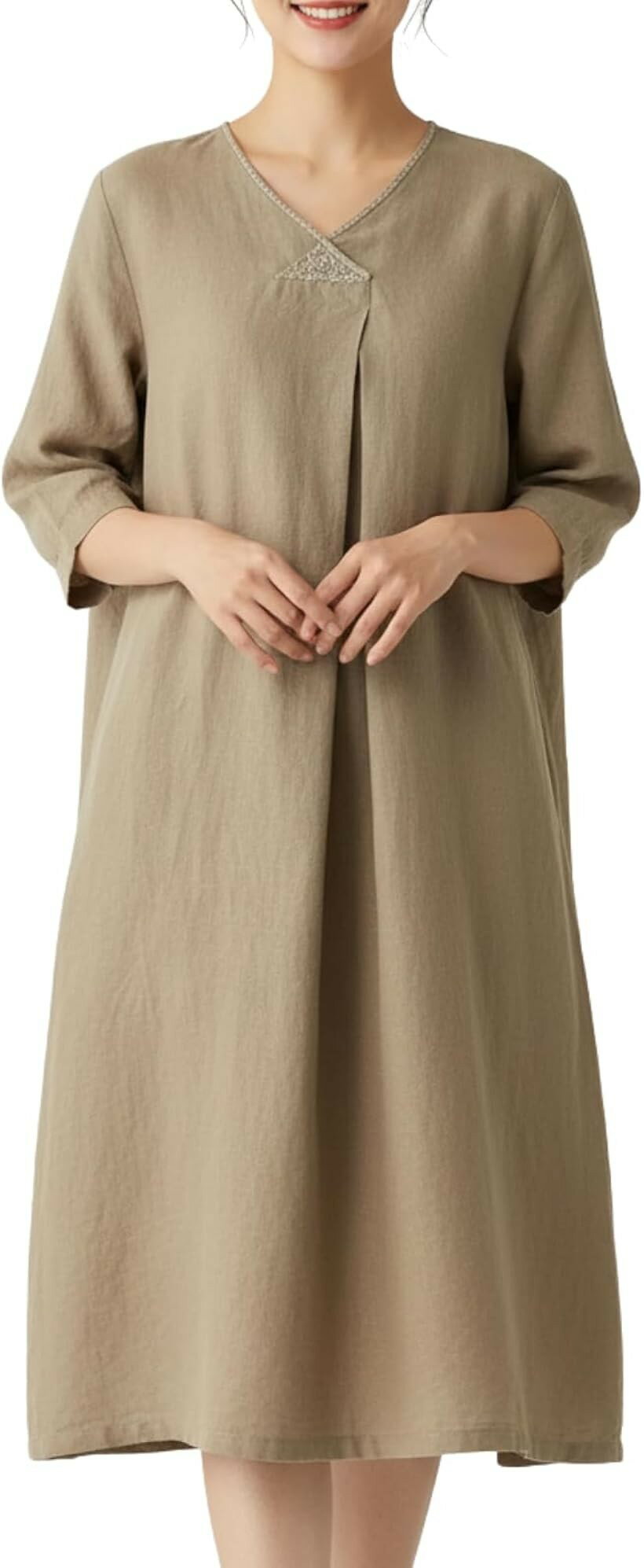 七分袖 ワンピース aライン スカート 大きいサイズ しちぶそで ロング レディース ゆったり 夏 秋 冬 大人 妊婦 7部 ベージュ 締め付け感少ない ゆとりあるサイズ感 (ベージュ, M)