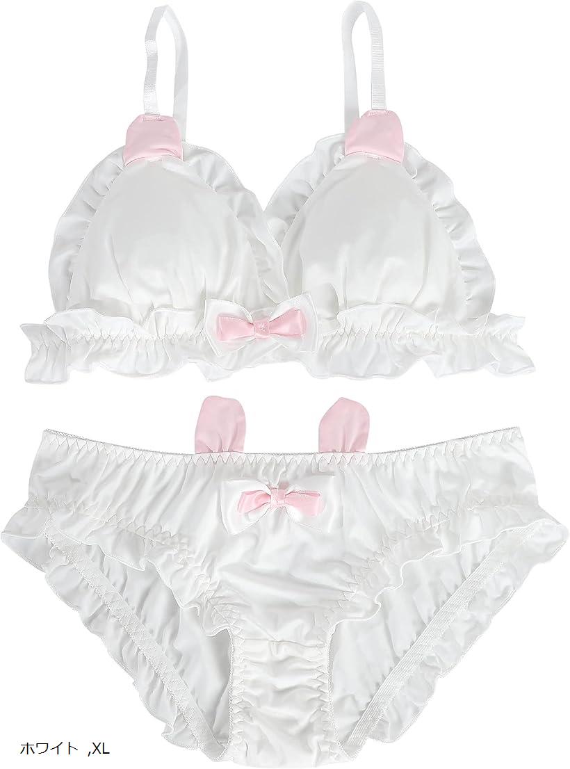 大きいサイズ ゆめかわ フリフリ ノンワイヤー ブラ ショーツ セット(ホワイト, XL)