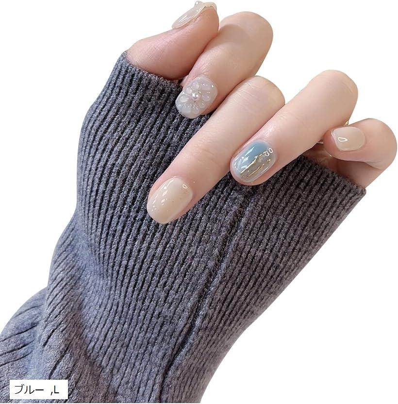 ネイルチップ ショート 手作り 付け爪 3D 収納ケース付き 10枚入 (ブルー, L)