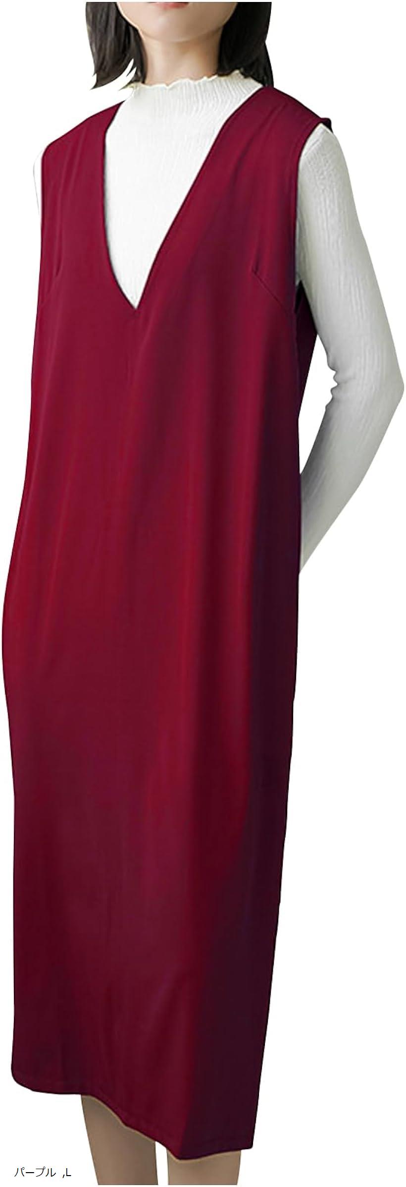 レディース ジャンパースカート ロングワンピース Vネック マタニティ スリット 体型カバー お呼ばれ(パープル, L)