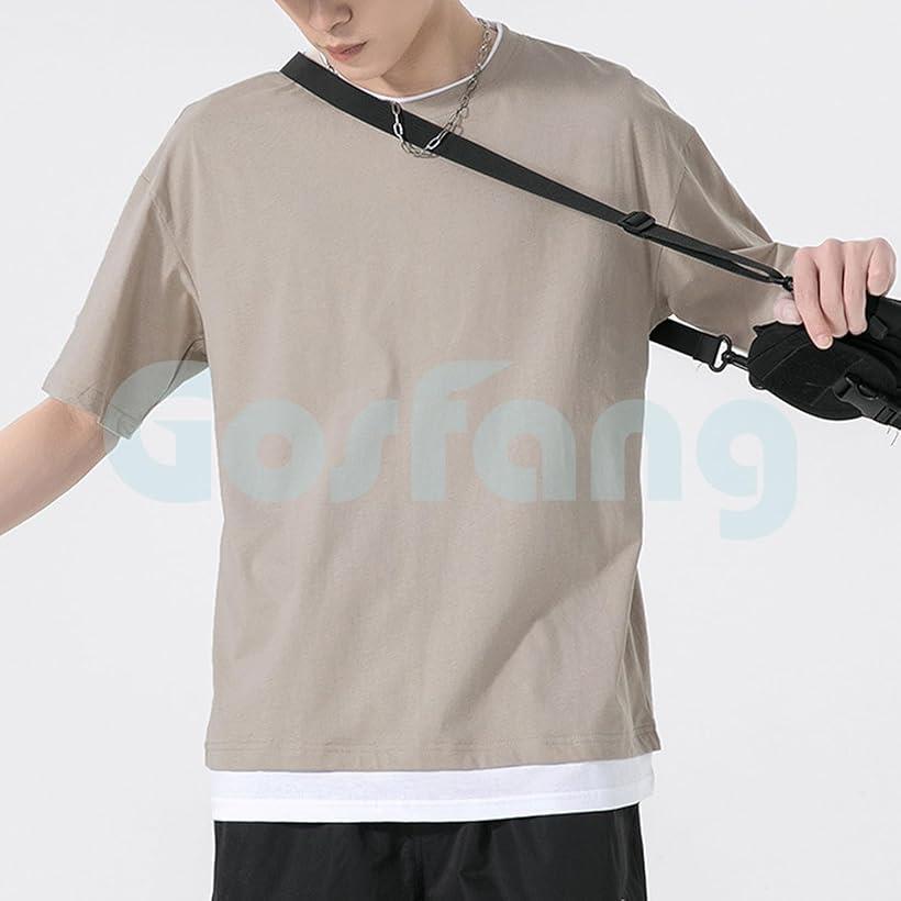 Tシャツ メンズ 半袖 夏服 ツートンカラー ラウンドネック レイヤード 重ね着 メンズTシャツ 韓国風 (ベージュ, L)
