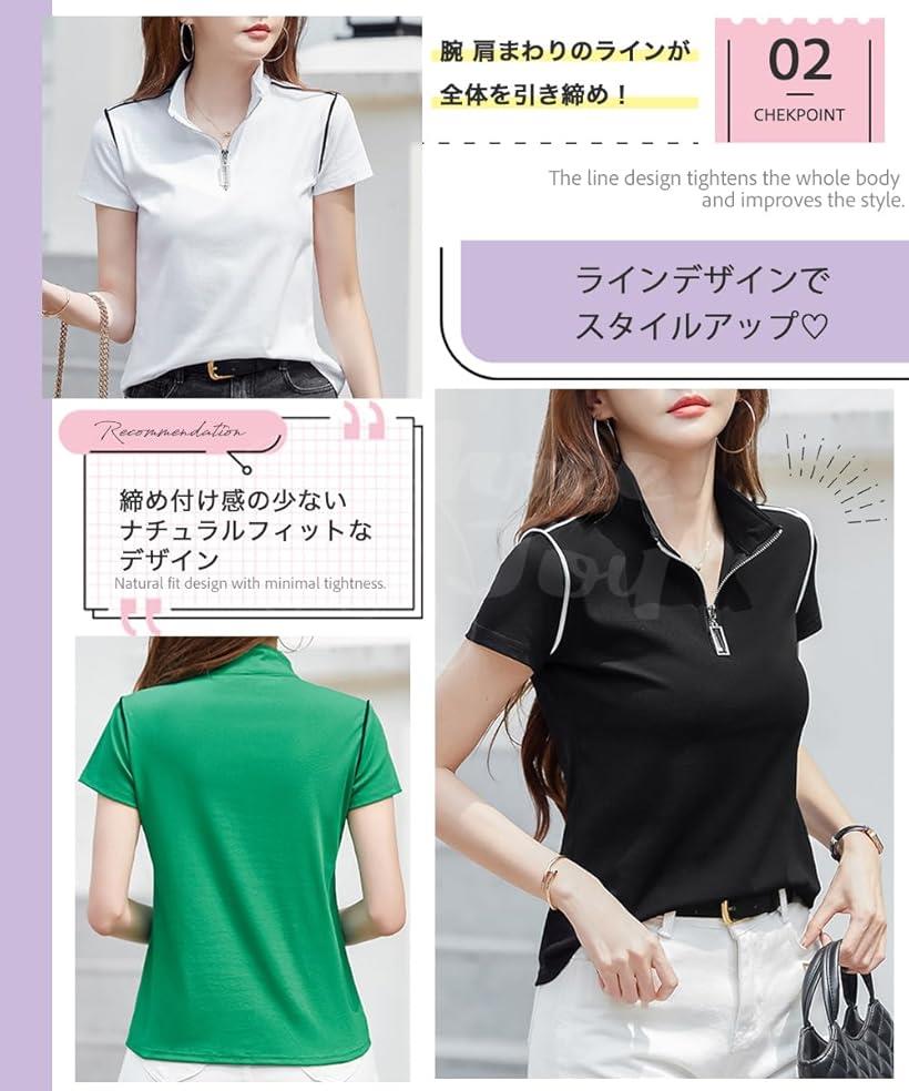 ポロシャツ レディース 半袖 ゴルフ ゴルフウェア 大きいサイズ 綿 スポーツ おしゃれ オフィス ハーフジップ (レッド, L)