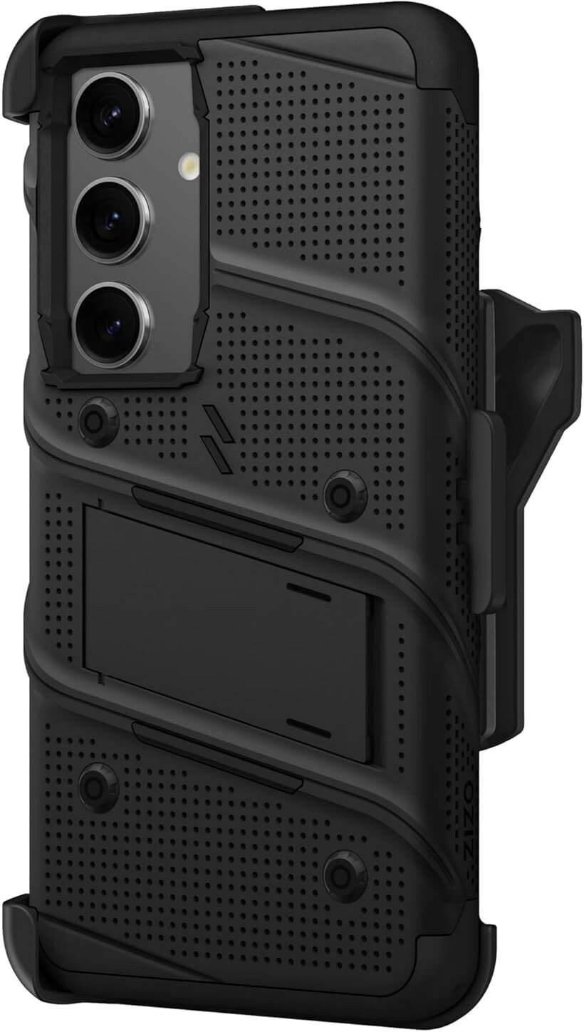 Galaxy S25 2025 対応 ケース カバー 耐衝撃 衝撃吸収 米軍MIL規格 キックスタンド ベルトクリップ 機能付 強化ガラス保護フィルム ランヤード 付属 ハイブリッド ポリカーボネイト TPU BOLT ボルト (ブラック)