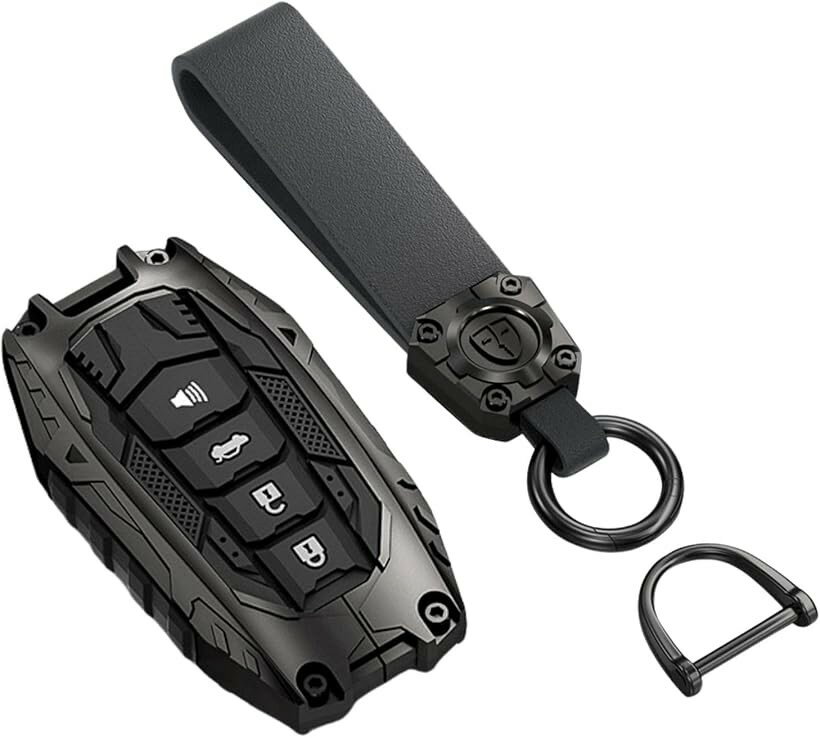トヨタ互換 スマートキーカバー Fタイプ 亜鉛合金製ハードフレーム x 軟質シリコン 蓄光タイプ 電波スルー構造 落下防止 ストラップ付き キーケース 耐衝撃 カスタム パーツ (4ボタン， ブラック)