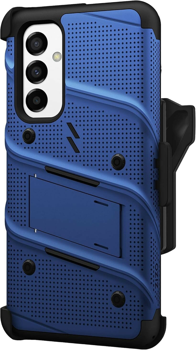 Galaxy A54 5G 2023 ケース カバー 耐衝撃 衝撃吸収 米軍MIL規格 キックスタンド ベルトクリップ 機能付 強化ガラス保護フィルム 指紋認証非対応 ランヤード 付属 ハイブリッド ポリカーボネイト (ブルー / ブラック)