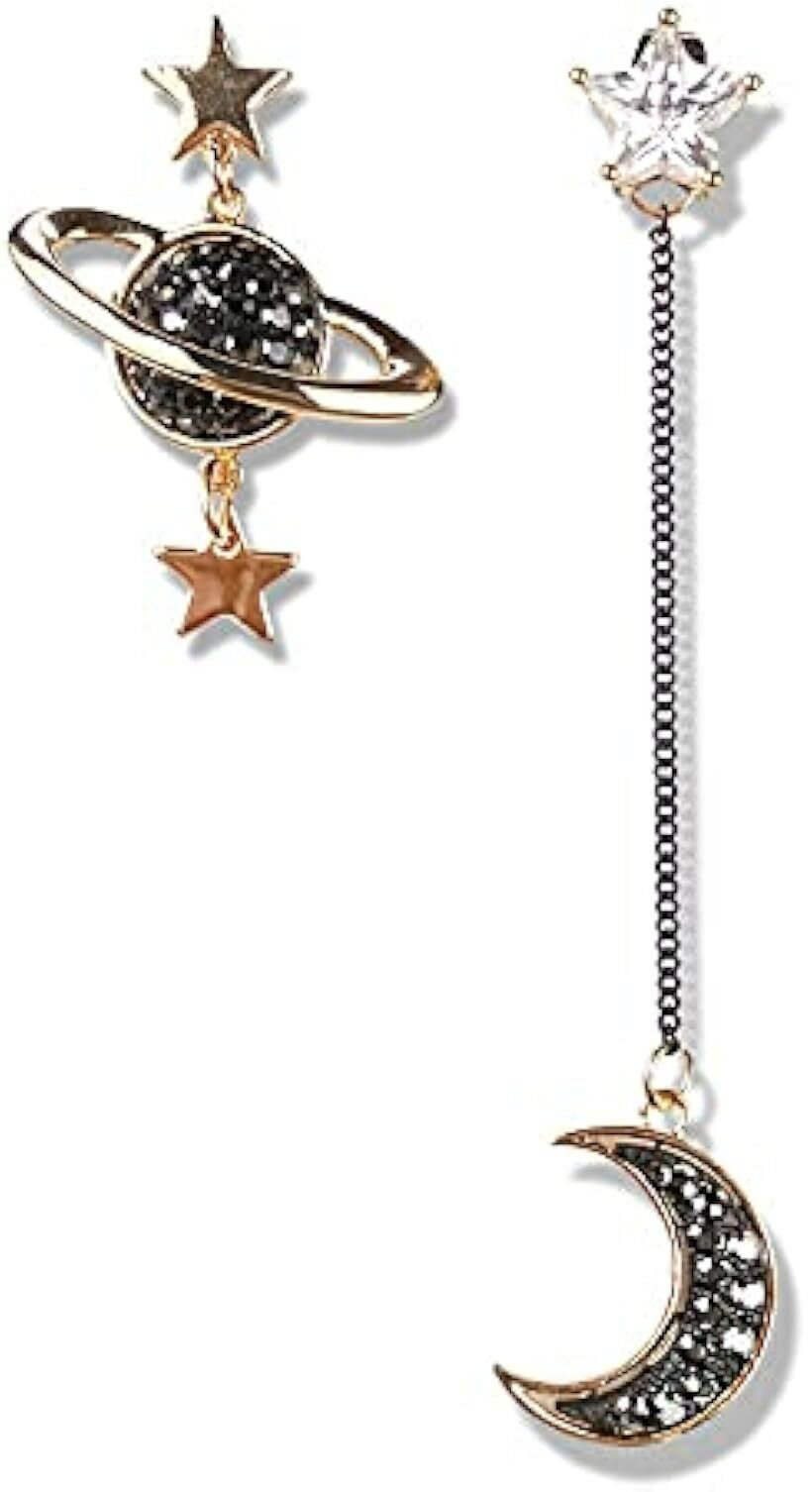 Cubic Zirconia - ピアス 宇宙 月 惑星 両耳 2つ入り 垂れ下がり チェーンピアス レディース キュービックジルコニア 2way おしゃれ (ゴールド, 中)