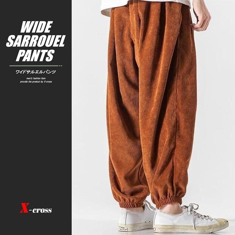 クロス サルエルパンツ メンズ 大きいサイズ ロング ワイドパンツ コーデュロイ ゆったり ポケット ズボン バギーパンツ ストリート アウトドア ファッション ジョガー かっこいい カジュアル 無地原宿系 韓国 (ダークオレンジ, XL)