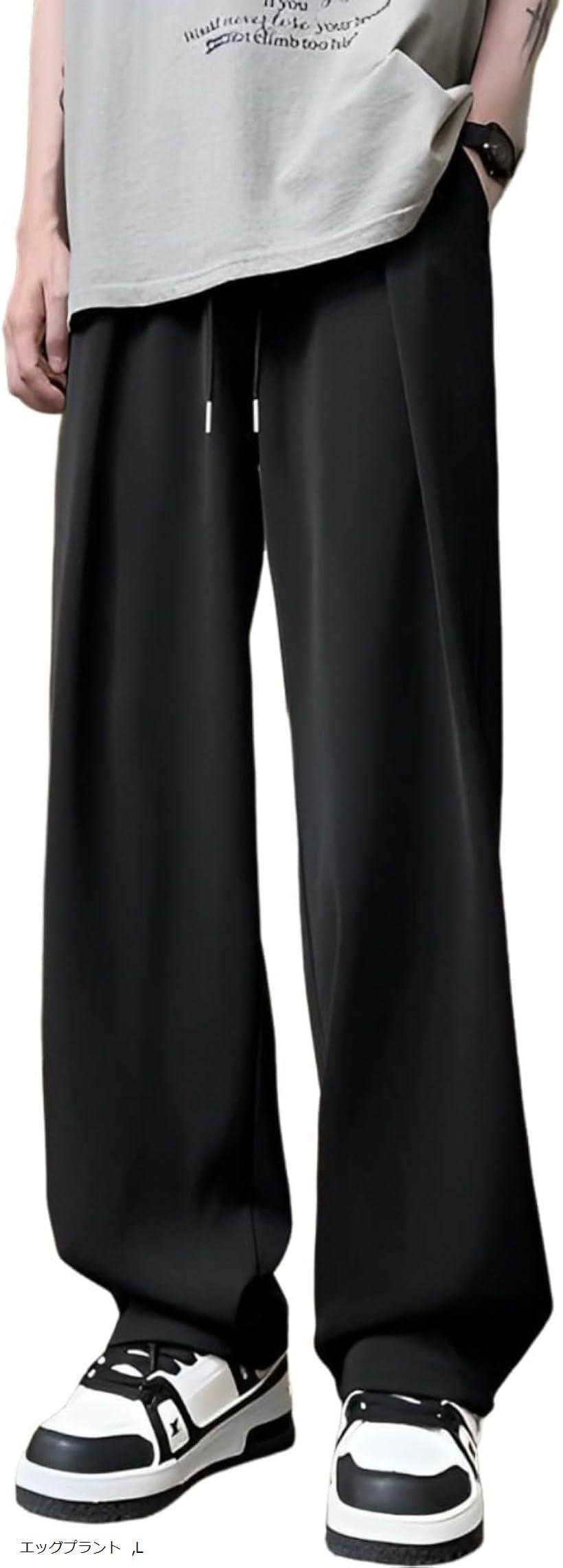 アスペルシオ サラサラ ストリート ワイドパンツ 爽やか 涼しい 快適 通勤 柔らかい ボトムス メンズ 速乾 薄い 春夏 軽量 冷感 ドライ 通気性 イージー スポーツ 楽ちん ゆるやか アウトドア リラックス(エッグプラント, L)