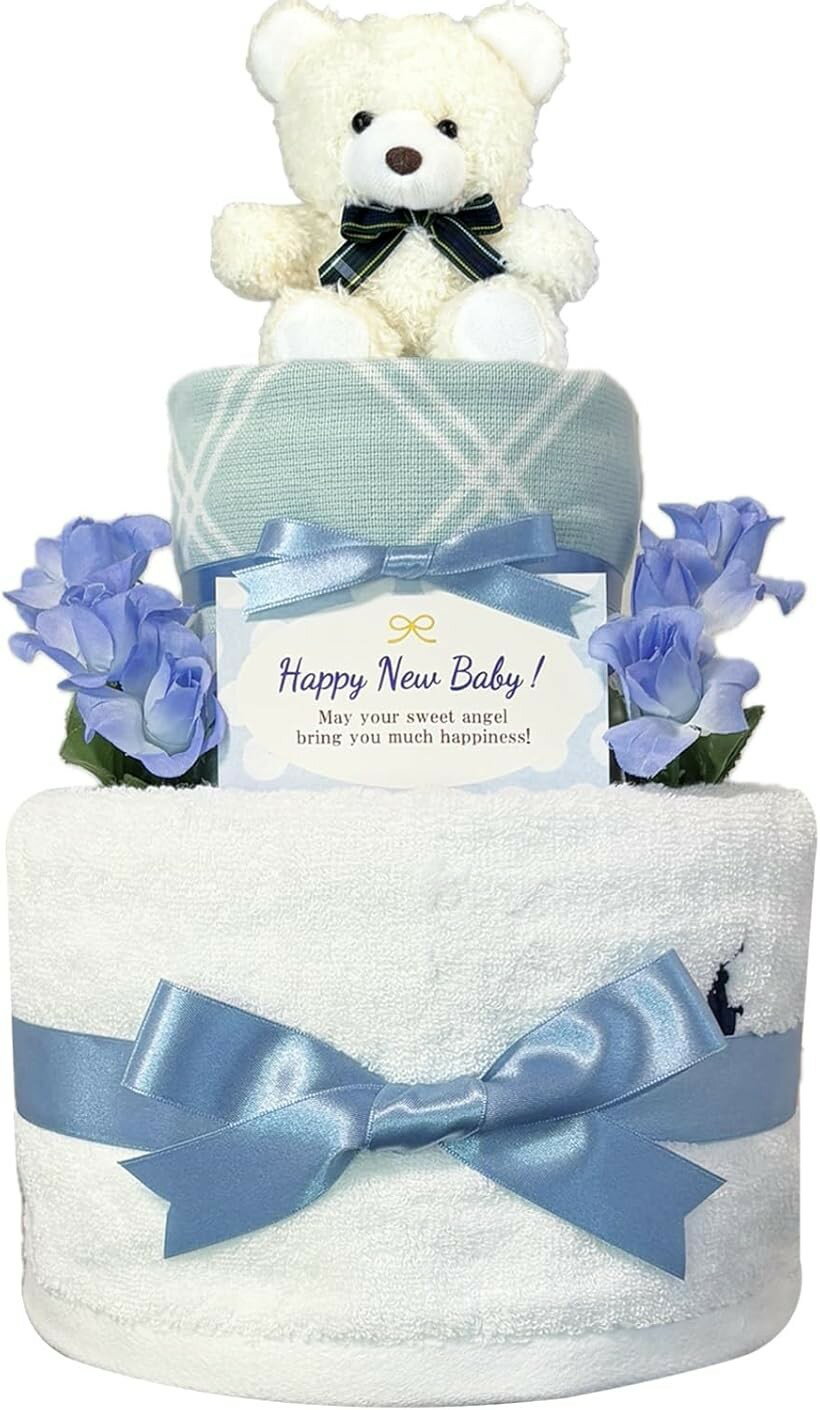 おむつケーキ 男の子 出産祝い 赤ちゃん 誕生日 ベビーシャワー ギフト rln3012 (ブルー, 2段 Sサイズ)