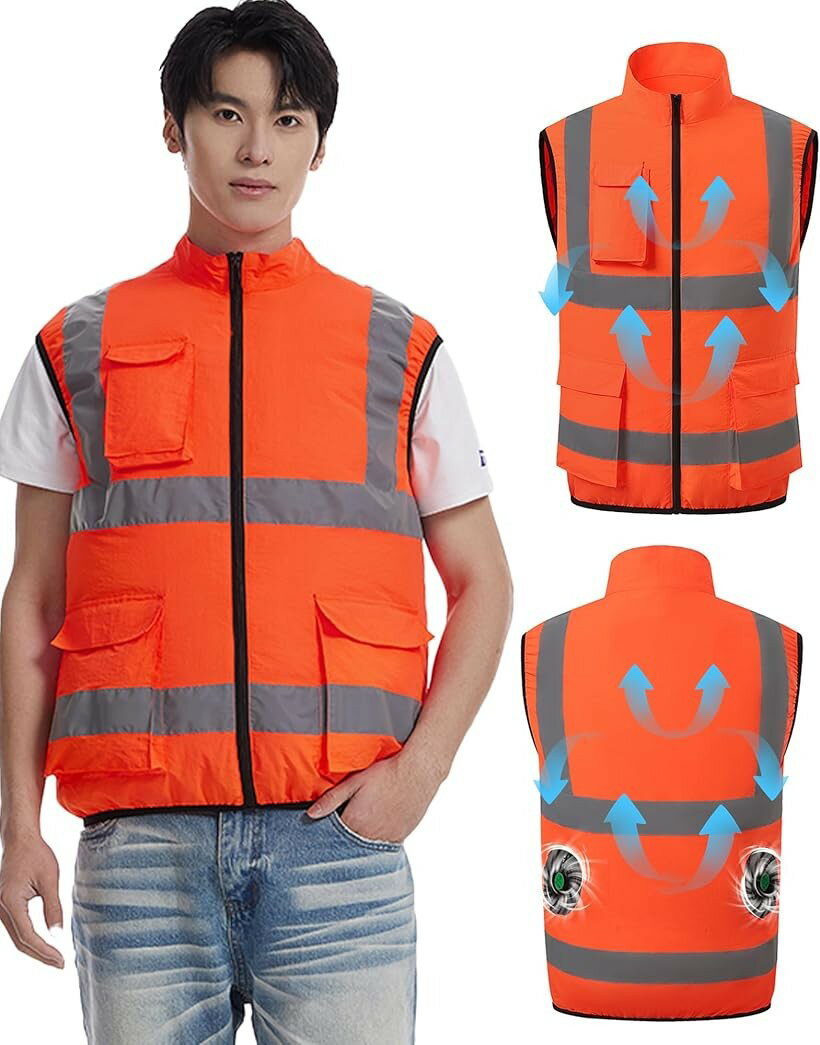 互換性 空調作業服 服のみ 9cm穴 作業着 高視認 冷却ウェア (オレンジ, M)