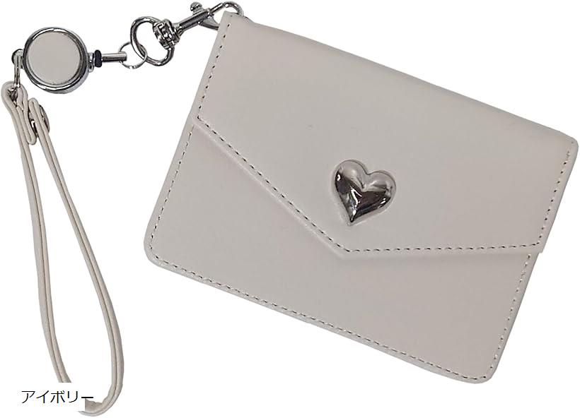 パスケース 可愛い レディース リール付き 定期入れ おしゃれ 伸びる ICカード 薄型 ストラップ 大人 通勤 通学 シンプル 軽量 スナップボタン (アイボリー)