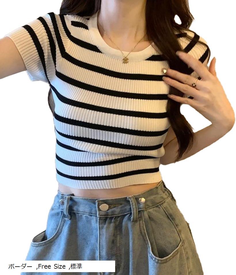 半袖 ニット へそ出し クルー ネック T シャツ トップス カジュアル レディース ショート シンプル 韓国風 韓流 カットソーシャ 可愛い カワイイ かわいい おしゃれ オシャレ きれいめ(ボーダー, Free Size)