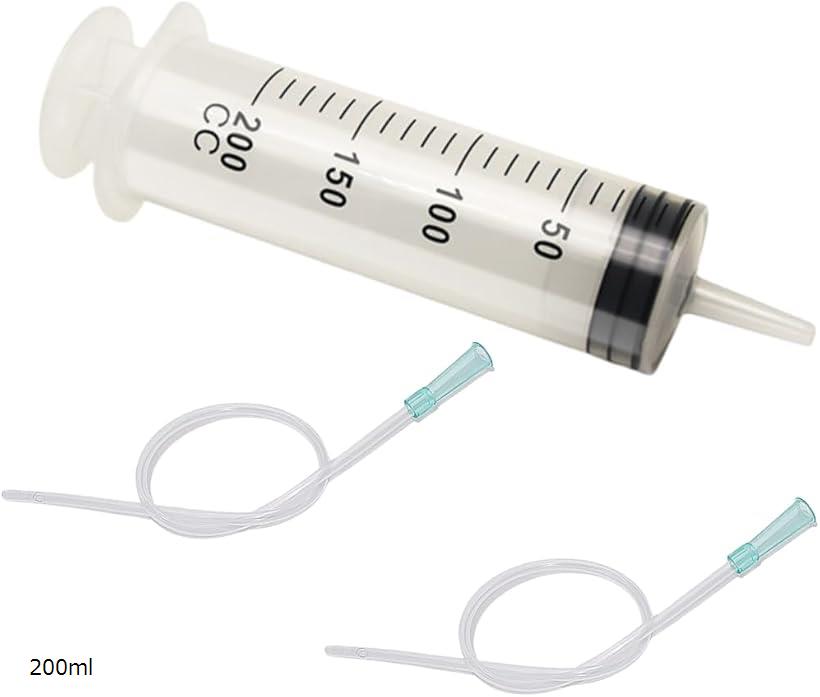 シリンジ プラスチック 実験 オイル交換 液体 エア抜き チューブ付き (クリア, 200ml)