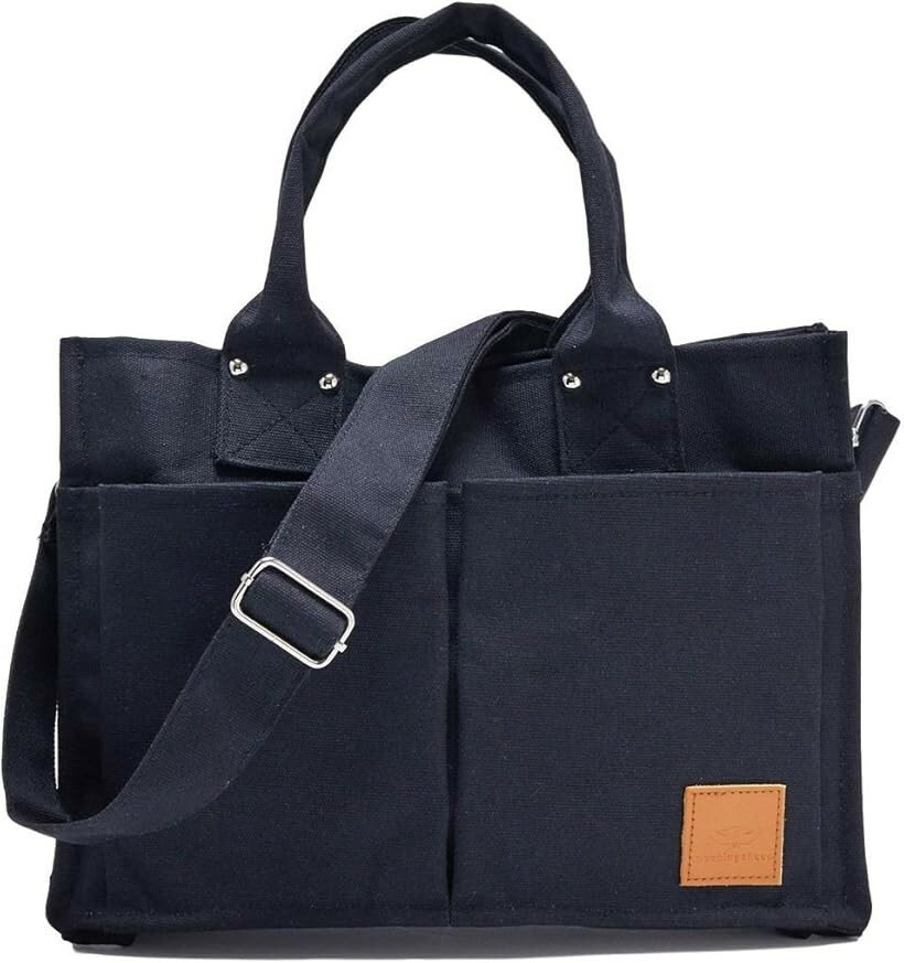 スリーピングシープ 小ぶりで可愛い 機能 キャンバス トートバッグ 内防水 仕切りあり 2way ショルダーベルト付き ポケット 修正版 ブラック (修正版 ブラック)