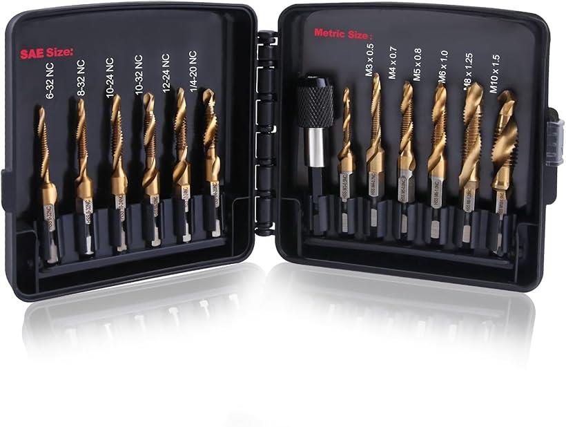 13個 タップドリルセット ドリルタップス用 六角軸 チタン螺旋刃タップセット 面取りタップ 穴あけ ね..