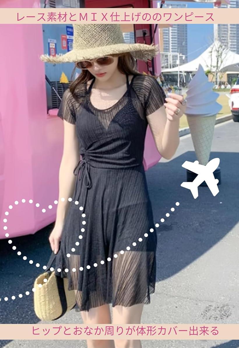 レディース 水着 スイムウェア ワンピース パッド付 体型カバー ママ レース 無地 ベーシック タンキニ シンプル プール 大人 女子 ビーチウェア 夏(ブラック, M)