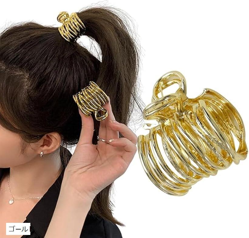 ヘアクロー ヘアクリップ ポニーテールクリップ メタル ライン 髪飾り アンティーク ポニーテールリング (ゴールド)