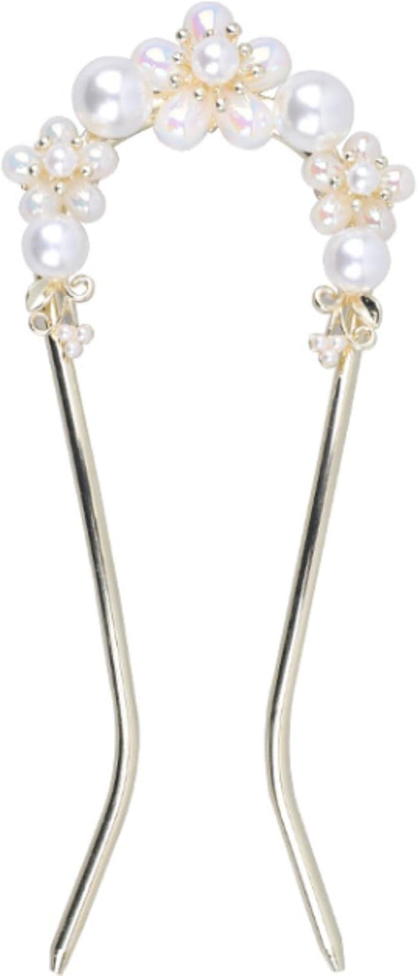 ミャオミャオ 簪 かんざし バチ型 髪飾り 和装 留袖 着物 浴衣 金属 パール ゴールド 白梅 花 U字 コーム ヘアアクセサリー (ゴールド, ワンサイズ)